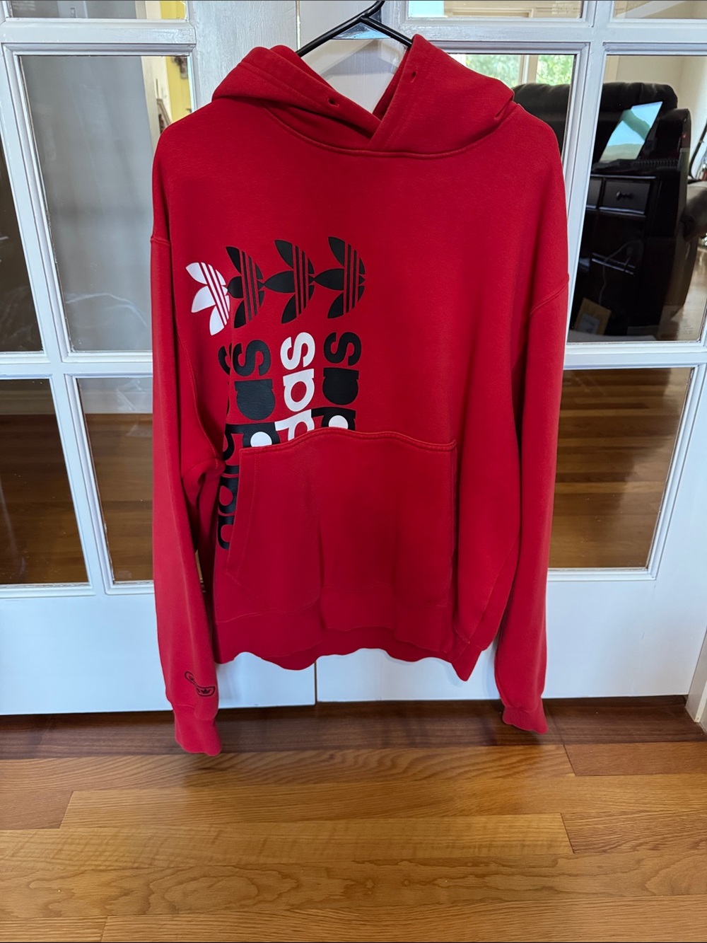 adidas Red Hoodie with Black and White Trefoil Stack